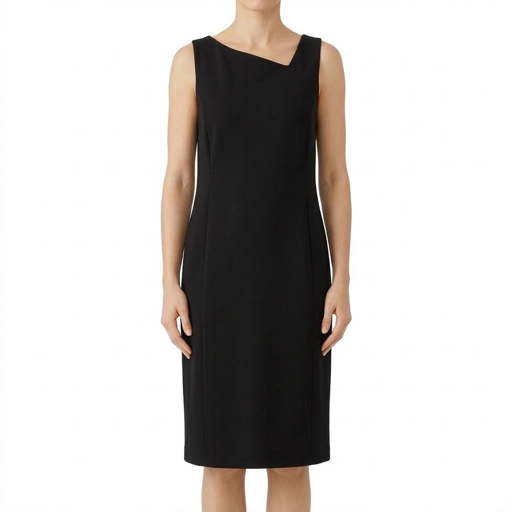 Eileen Fisher Black Ponte Asymmetrical Neck Sheath Sleeveless Pencil Dress Sz 10